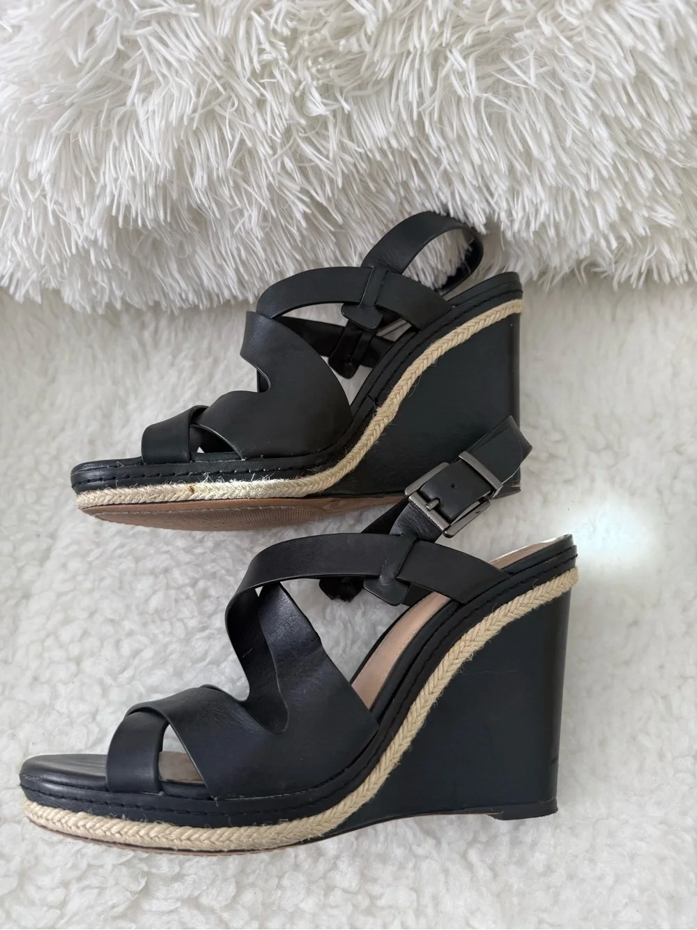 Vince Camuto Black Leather Crisscross Espadrille Wedge Sandals